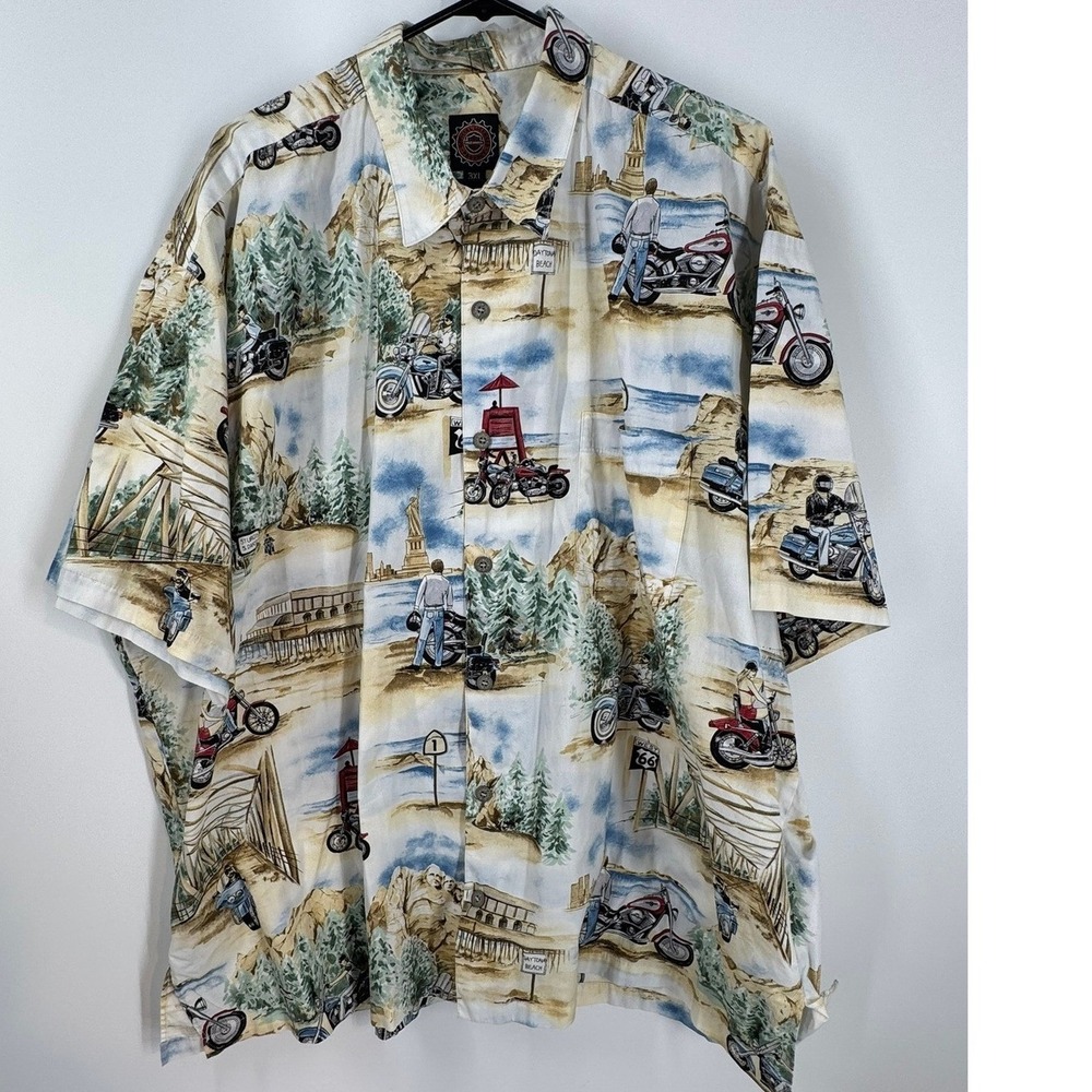 Vintage Harley Davidson Men's Hawaiian White Button Down Shirt 3XL Tori Richards